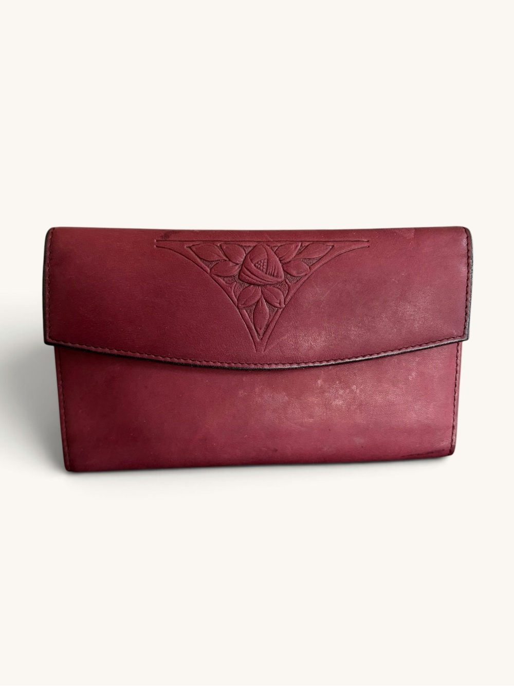 Vintage Rolfs Envelope Wallet in Burgundy Merlot with Floral Embossed